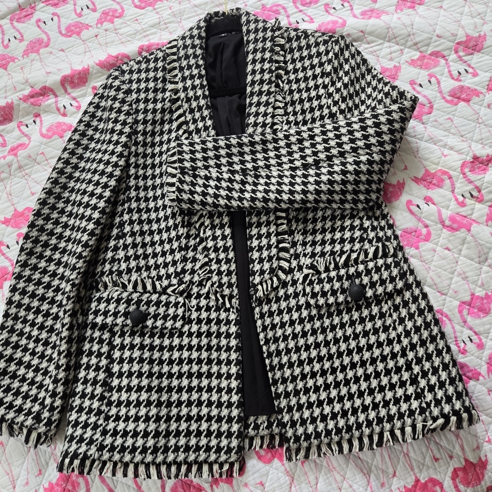 EXPRESS Blazer Coat Houndstooth Black and White - Picture 4 of 13